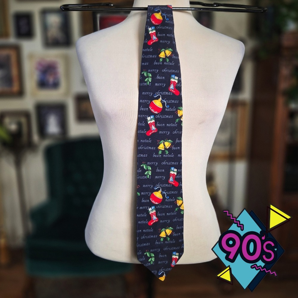 Structure Silk Christmas Tie Vintage 90s Buon Natale Navy Blue Holiday Necktie